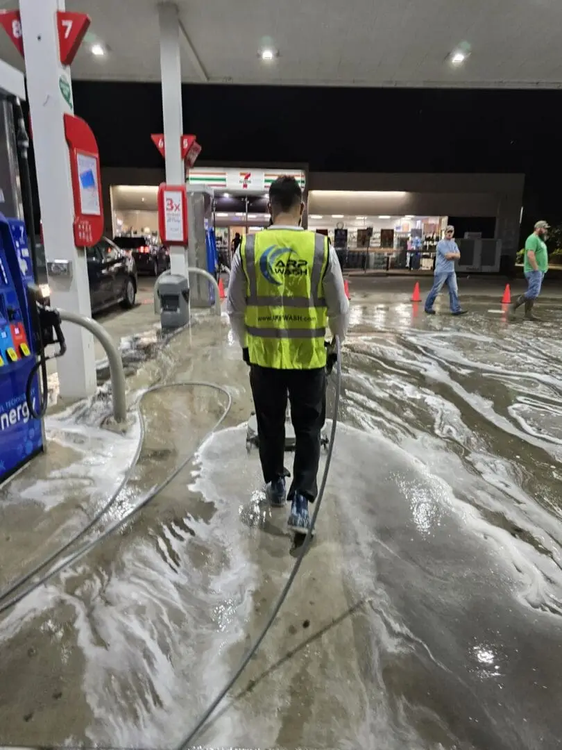 Pressure washing a gas station